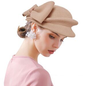 4445 Women Vintage 100% Wool Felt Flowers Bucket Cloche Bowler Hat Church